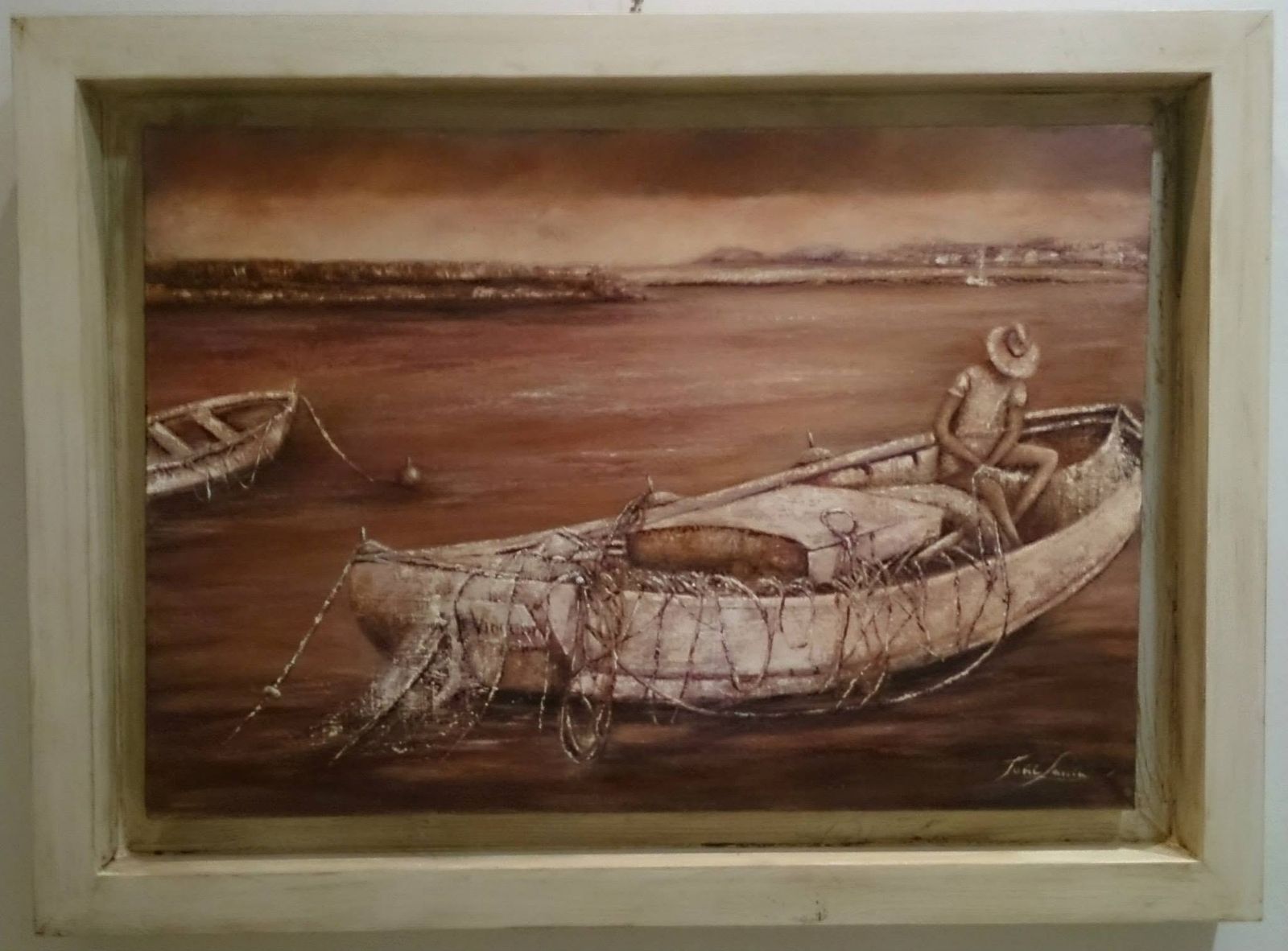 Óleo en tonos sepia de una barca varada