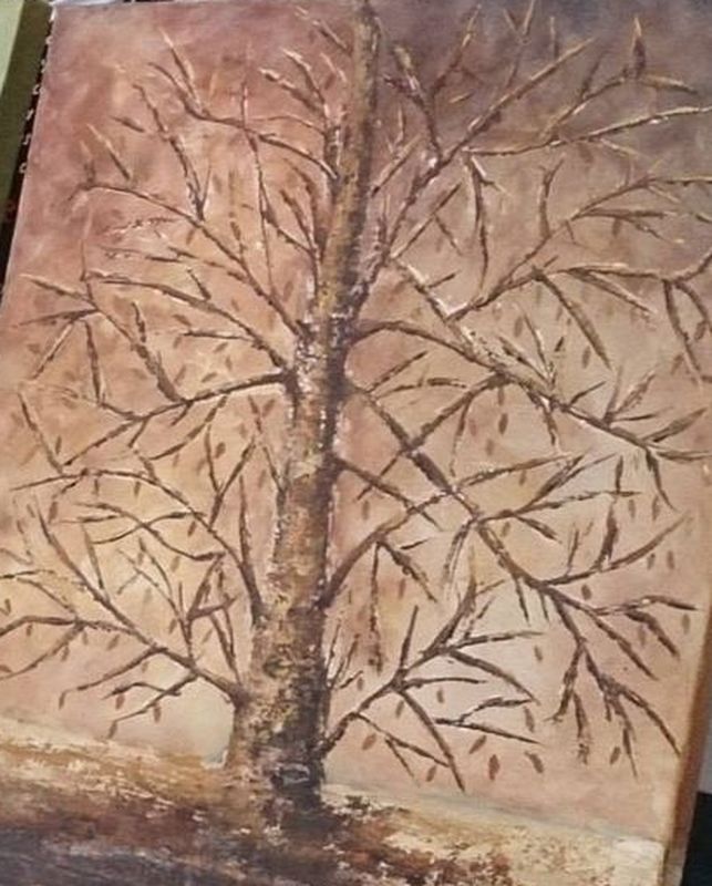 Cuadro pintado con espátula de un árbol con relieve