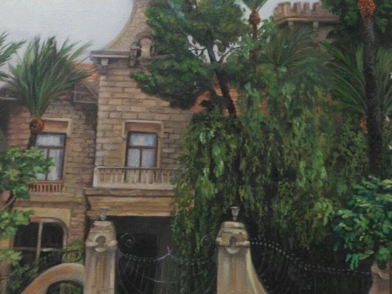Cuadro al óleo de una casa modernista entre palmeras
